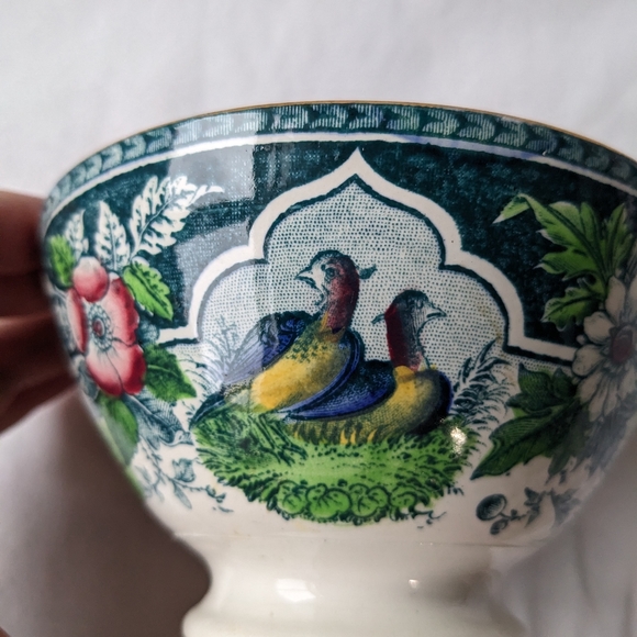 Antique PV France Pleasant Village Blue Floral Birds Open Sugar Footed Bowl - Picture 5 of 14